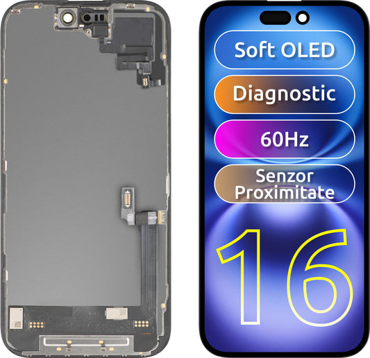 Touchscreen-display med nærhedssensor MP kompatibel med Apple iPhone 16, med ramme, OLED FHD diagnostisk softwareversion, sort