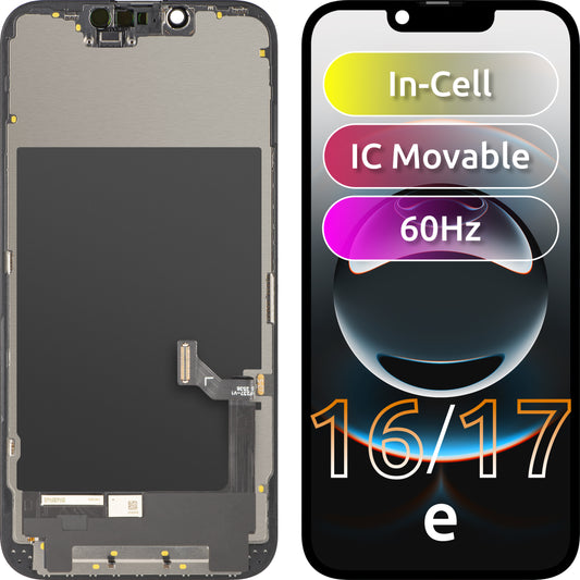 ZY Touchscreen-display til Apple iPhone 17e / 16e, med ramme, LCD In-Cell IC bevægelig version, sort