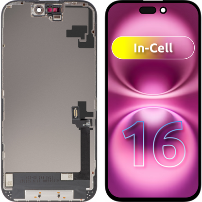 Display med Touchscreen ZY til Apple iPhone 16, med Ramme, LCD In-Cell Version, Sort