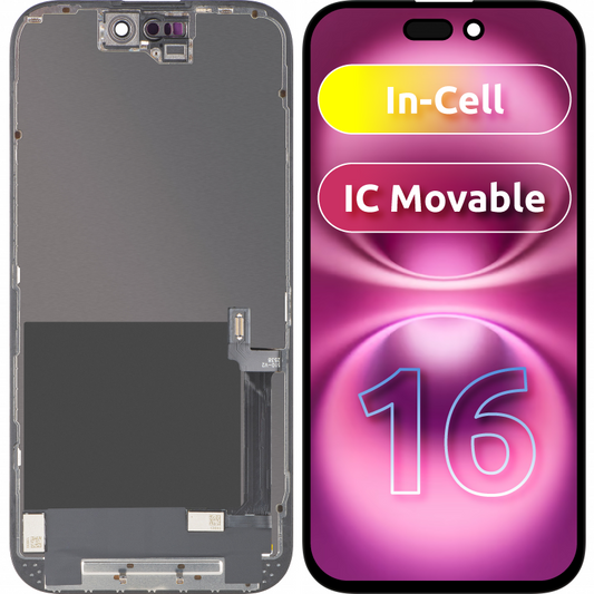 Display med ZY touchscreen til Apple iPhone 16, med ramme, LCD In-Cell IC Movable version, Sort