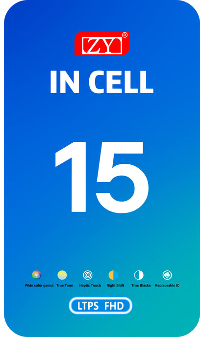 ZY Touchscreen Display til Apple iPhone 15, med ramme, LCD In-Cell IC Flytbar, Sort 