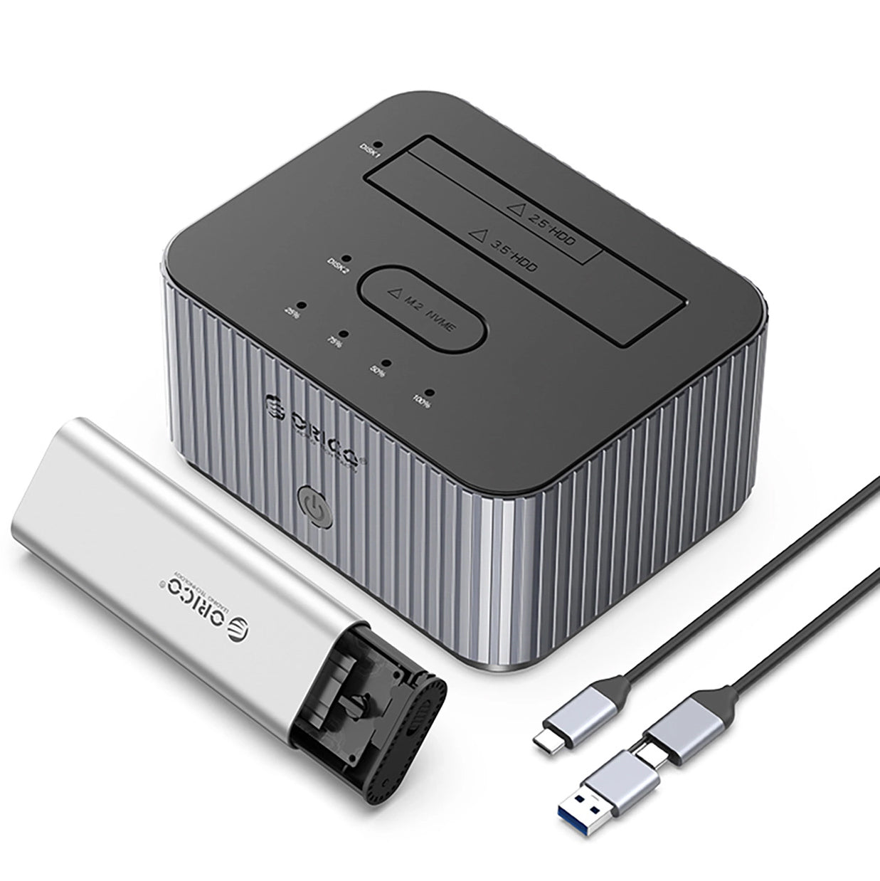 Orico IT28E-C dockingstation til HDD / SSD SATA 2,5 tommer / 3,5 tommer - SSD SATA M.2 NVMe, grå