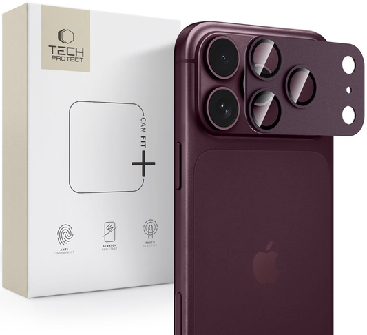 Beskyttelsesfilm til bagkamera Tech-Protect CamFull Fit+ til Apple iPhone 18 Pro, hærdet glas, vinrød