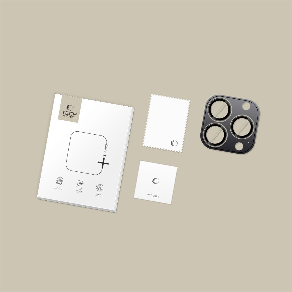 Beskyttelsesfilm til bagkameraet Tech-Protect CamRing Fit+ til Apple iPhone 17 Pro Max / 17 Pro / 16 Pro Max, Hærdet glas, Sort