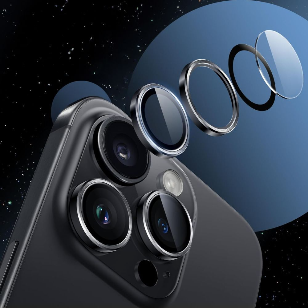 Beskyttelsesfilm til bagkameraet Tech-Protect CamRing Fit+ til Apple iPhone 17 Pro Max / 17 Pro / 16 Pro Max, Hærdet glas, Sort