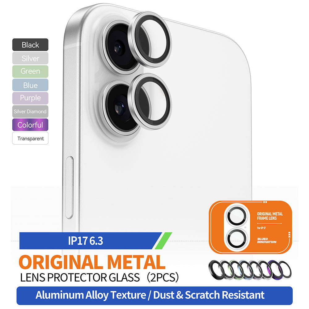 Beskyttelsesfilm til bagsidekameraet Blueo Glitter Diamond Metal Frame til Apple iPhone 17, Hærdet glas, Sølvfarvet