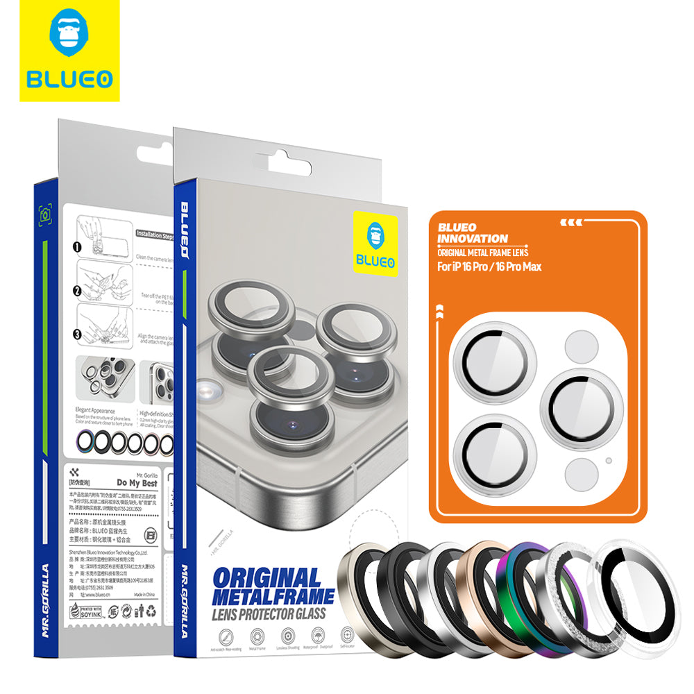 Blueo Metal Frame bagkamera beskyttelsesfilm til Apple iPhone 16 Pro Max / 16 Pro, hærdet glas, sort