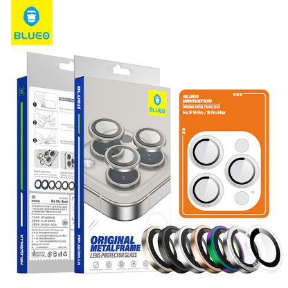 Blueo Metal Frame bagkamera beskyttelsesfilm til Apple iPhone 16 Pro Max / 16 Pro, hærdet glas, gennemsigtig