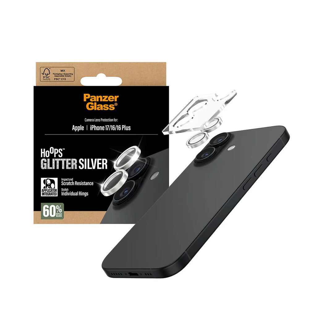 Beskyttelsesfilm til bagkamera PanzerGlass Hoops Glitter til Apple iPhone 17 / 16 Plus / 16, Hærdet glas, Sølvfarvet