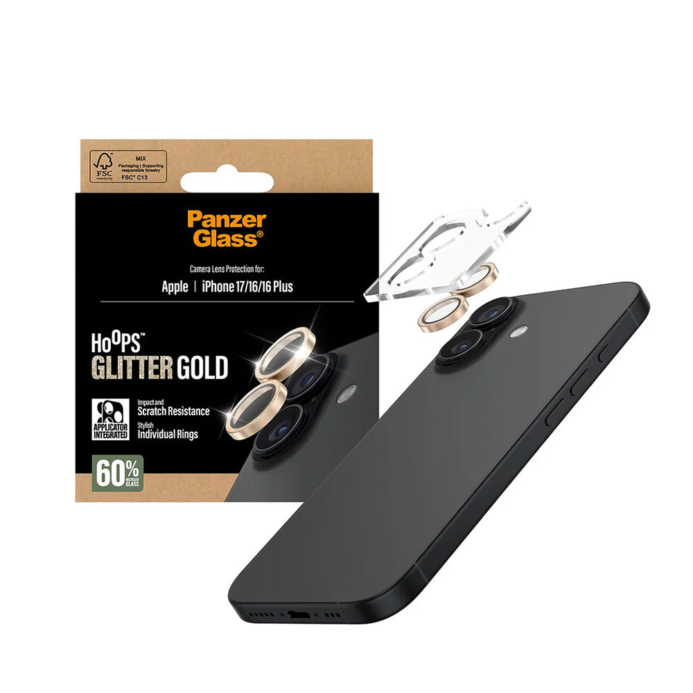 Beskyttelsesfilm til bagkameraet PanzerGlass Hoops Glitter til Apple iPhone 17 / 16 Plus / 16, Hærdet glas, Gylden