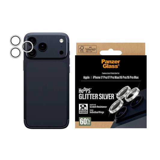 Beskyttelsesfilm til bagkamera PanzerGlass Hoops Glitter til Apple iPhone 17 Pro Max / 17 Pro / 16 Pro Max / 16 Pro, Hærdet glas, Sølvfarvet