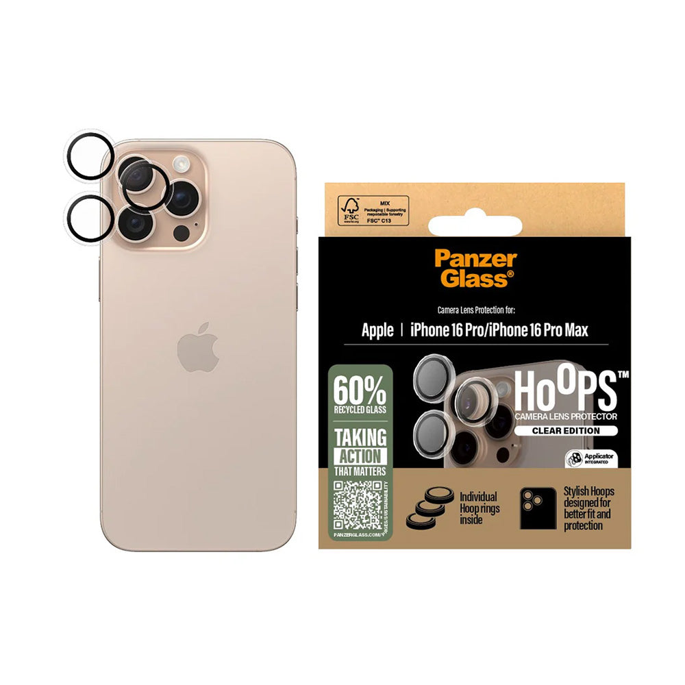 Beskyttelsesfilm til bagkameraet PanzerGlass Hoops til Apple iPhone 16 Pro Max / 16 Pro, Hærdet glas, Gennemsigtig