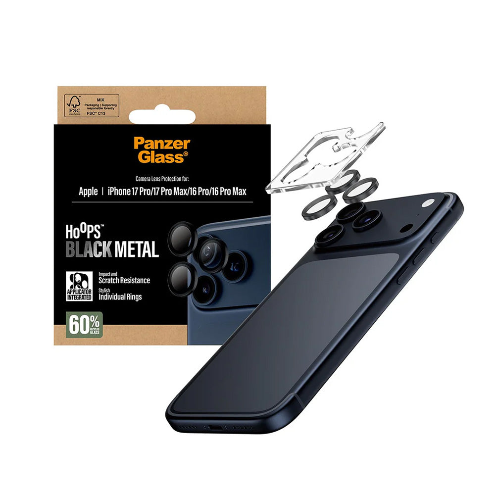 Beskyttelsesfilm til bagkameraet PanzerGlass Hoops til Apple iPhone 17 Pro Max / 17 Pro / 16 Pro Max / 16 Pro, Hærdet glas, Sort