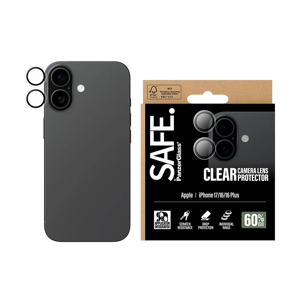 Beskyttelsesfilm til bagkameraet PanzerGlass Safe. til Apple iPhone 17 / 16 Plus / 16, Hærdet glas, Gennemsigtig.