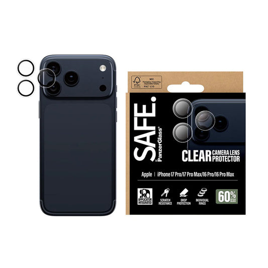 Beskyttelsesfilm til bagkameraet PanzerGlass Safe. til Apple iPhone 17 Pro Max / 17 Pro / 16 Pro Max / 16 Pro, Hærdet glas, Gennemsigtig