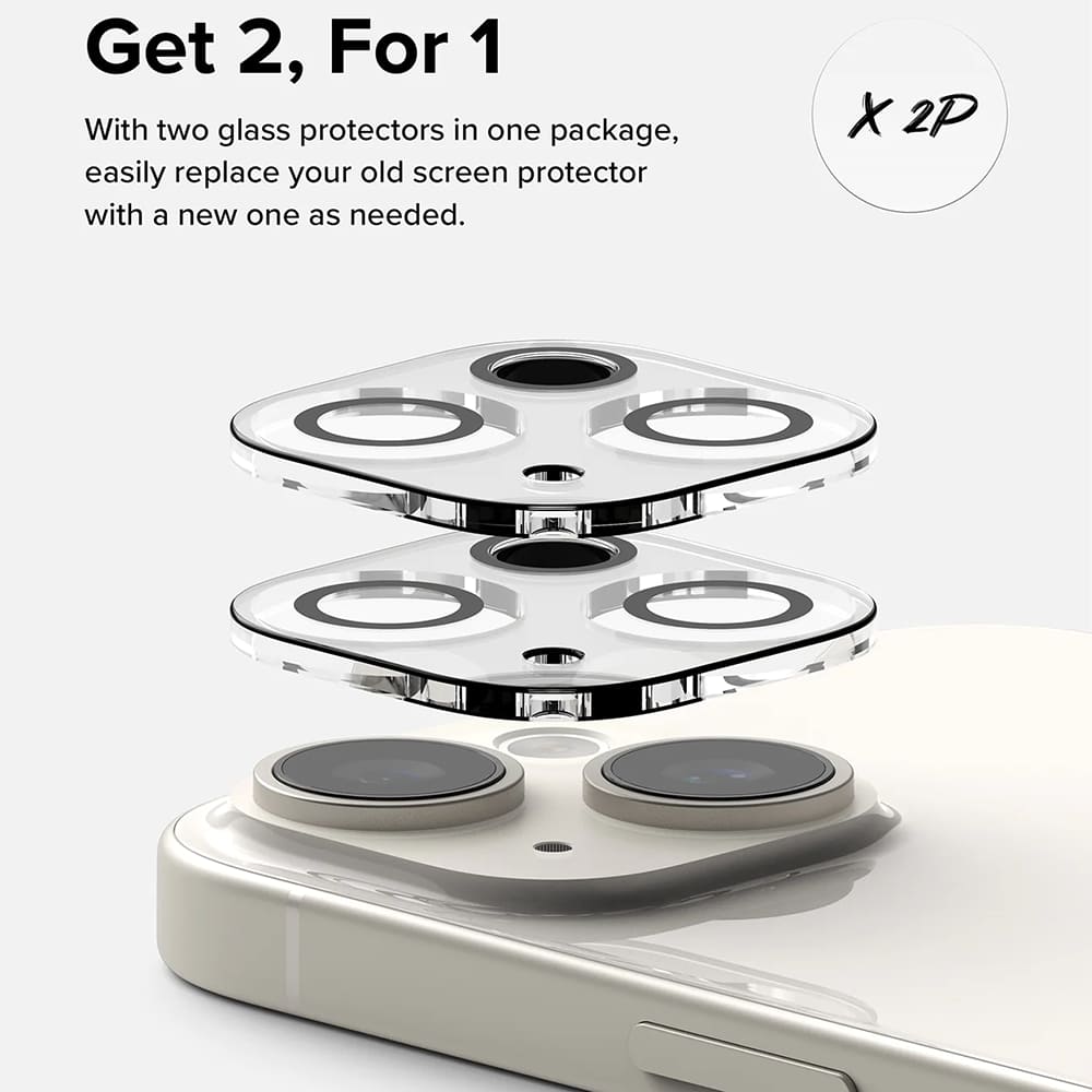 Beskyttelsesfilm til Ringke bagkamera for Apple iPhone 15 Plus / 15, Hærdet glas, Sæt med 2 stykker, Gennemsigtig