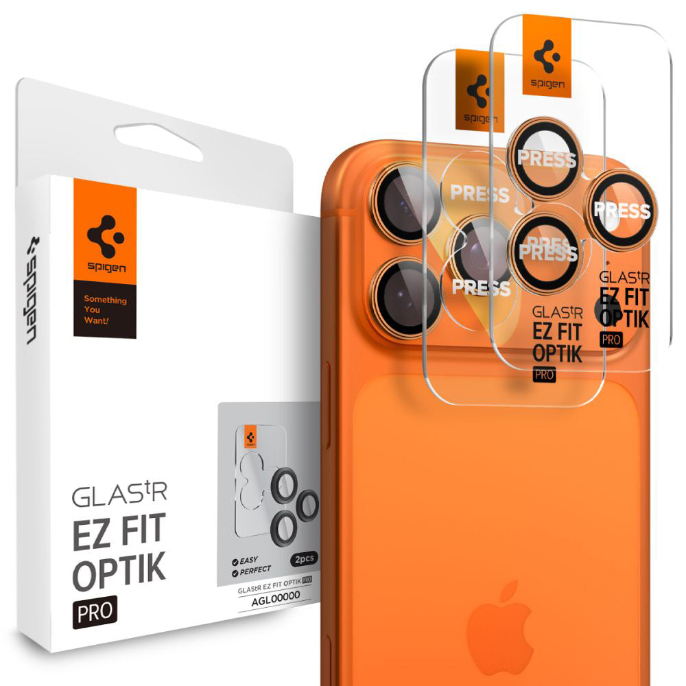 Beskyttelsesfilm til bagsidekameraet Spigen GlastR EZ FIT Optik Pro til Apple iPhone 17 Pro Max / 17 Pro, Hærdet glas, Sæt med 2 stykker, Orange
