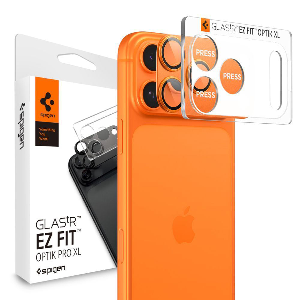 Beskyttelsesfilm til bagsidekameraet Spigen GlastR EZ FIT Optik Pro XL til Apple iPhone 17 Pro, Hærdet Glas, Sæt med 2 stykker, Orange