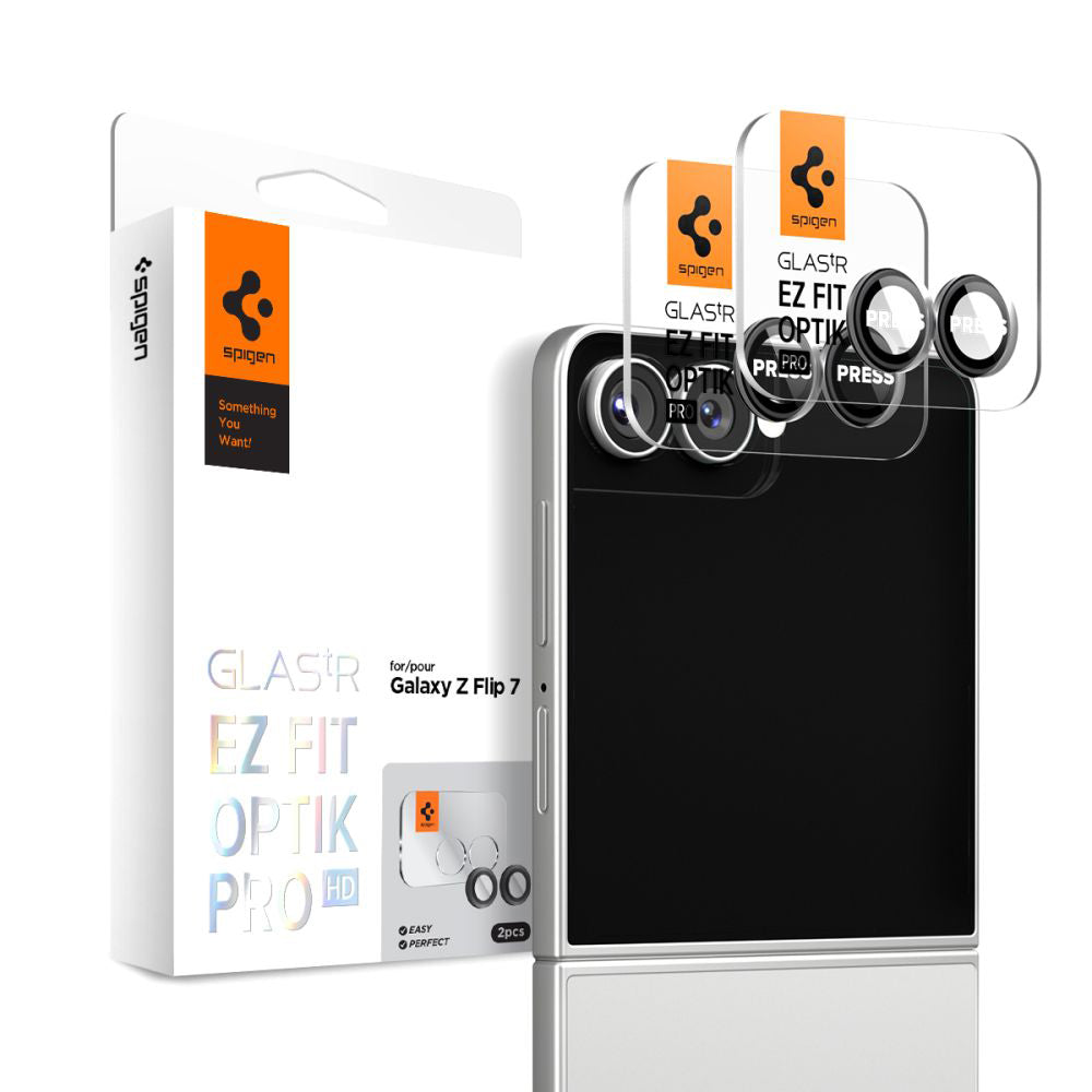 Beskyttelsesfilm til bagkameraet Spigen GlastR EZ FIT Optik Pro HD til Samsung Galaxy Z Flip7 F766, Hærdet glas, Sæt med 2 stykker, Sort AGL09587