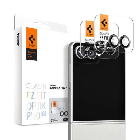 Beskyttelsesfilm til bagkameraet Spigen GlastR EZ FIT Optik Pro HD til Samsung Galaxy Z Flip7 F766, Hærdet glas, Sæt med 2 stykker, Sort AGL09587
