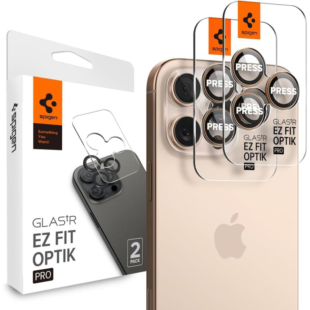 Bagsidekamera beskyttelsesfilm Spigen GlastR EZ FIT Optik Pro til Apple iPhone 16 Pro, Hærdet Glas, Sæt med 2 stykker, Bronze AGL08862