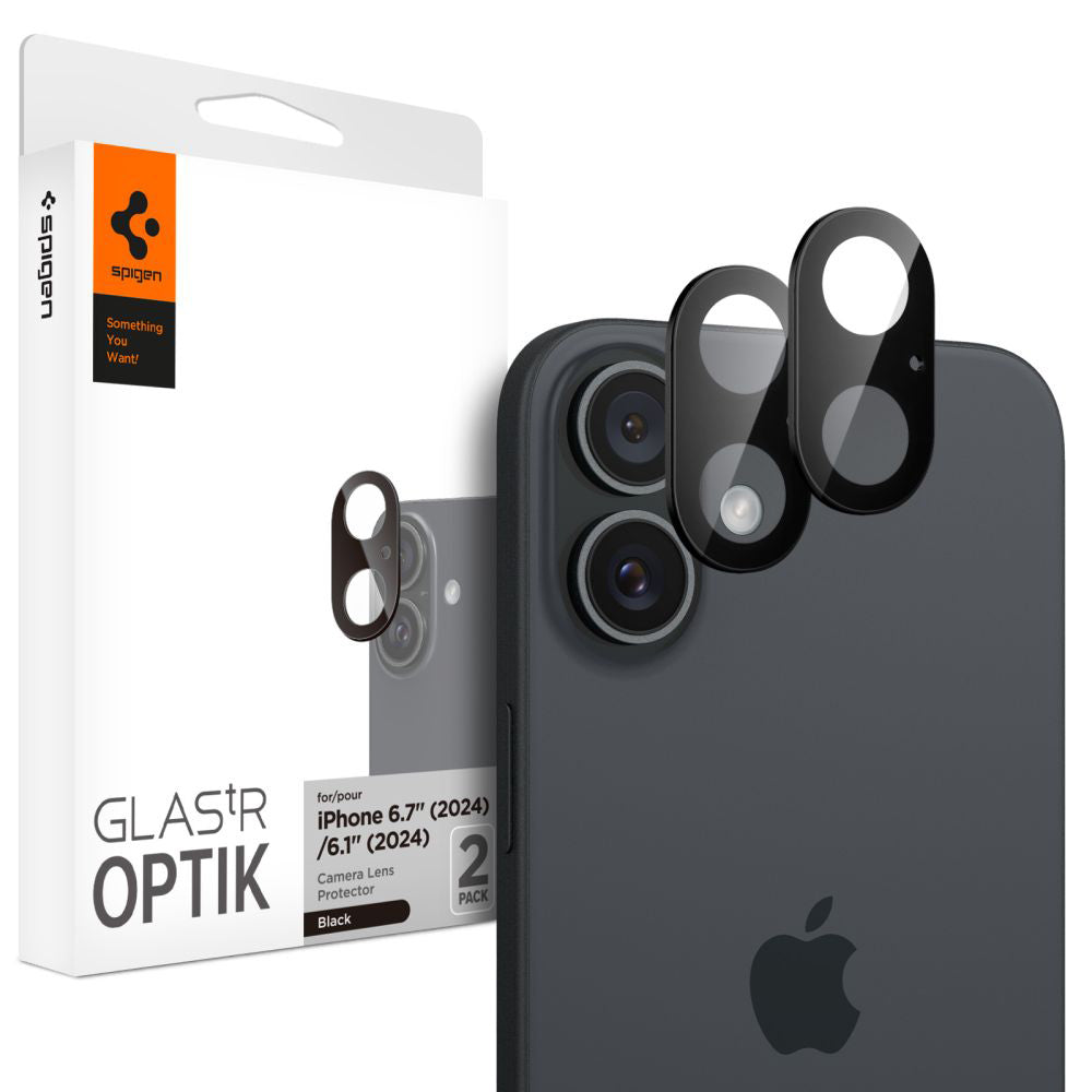 Beskyttelsesfilm til bagsidekameraet Spigen GlastR Optik til Apple iPhone 16 Plus / 16, Hærdet glas, Sæt med 2 stykker, Sort AGL07922