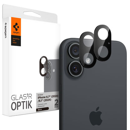 Beskyttelsesfilm til bagsidekameraet Spigen GlastR Optik til Apple iPhone 16 Plus / 16, Hærdet glas, Sæt med 2 stykker, Sort AGL07922