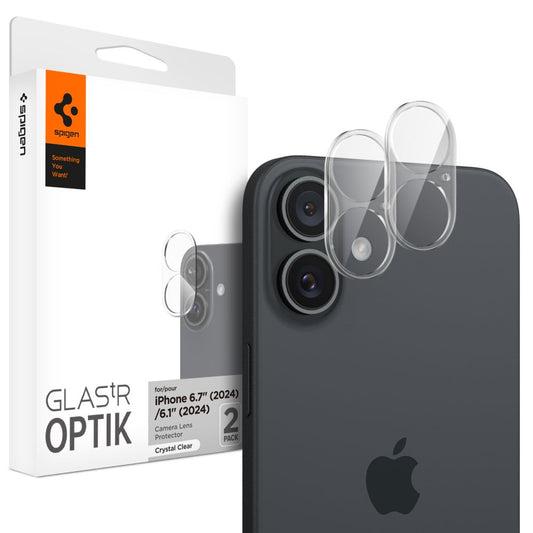 Beskyttelsesfilm til bagkamera Spigen GlastR Optik til Apple iPhone 16 Plus / 16, hærdet glas, sæt med 2 stk., gennemsigtig AGL07923