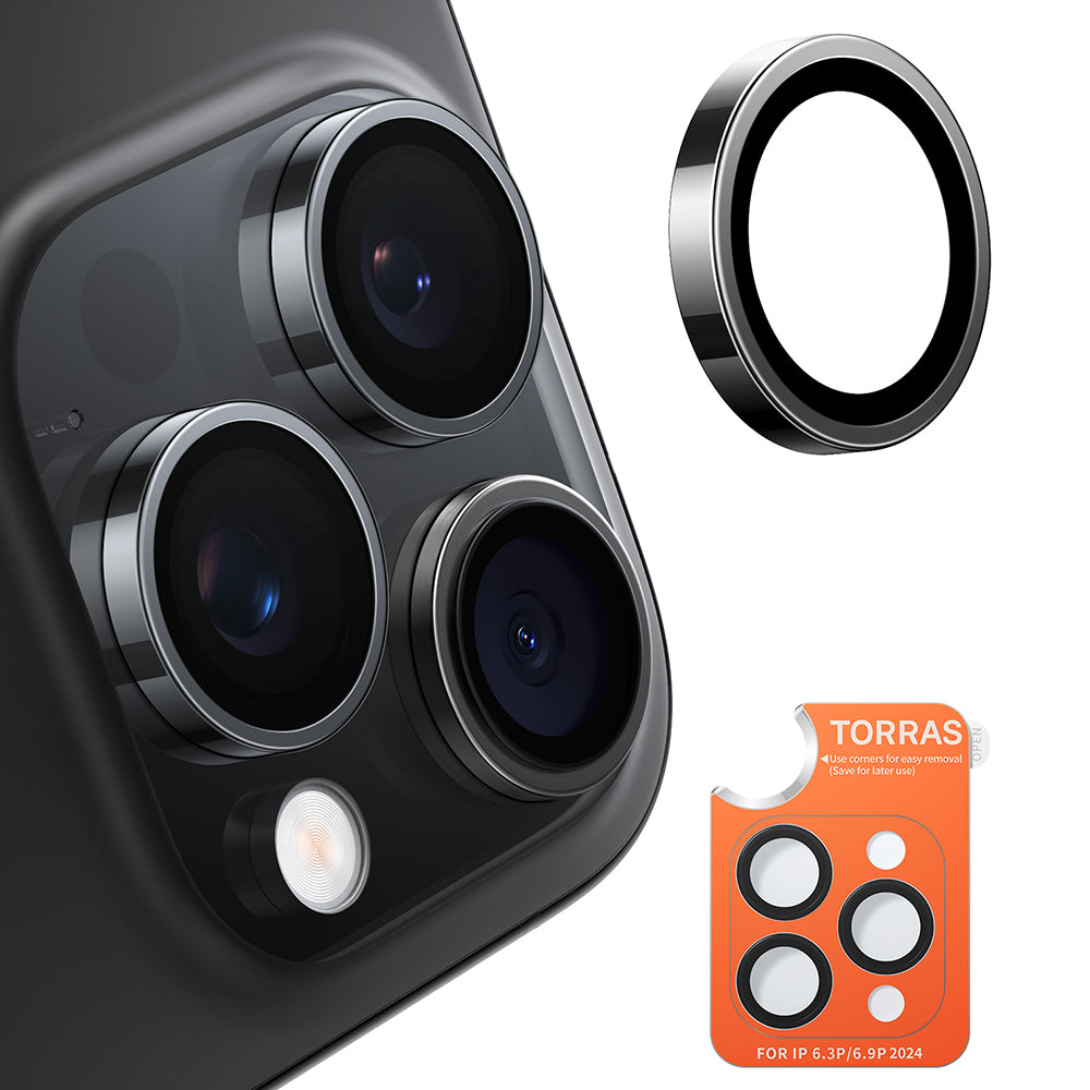Torras Lensguard bagkamera beskyttelsesfilm til Apple iPhone 16 Pro Max / 16 Pro, hærdet glas, sort