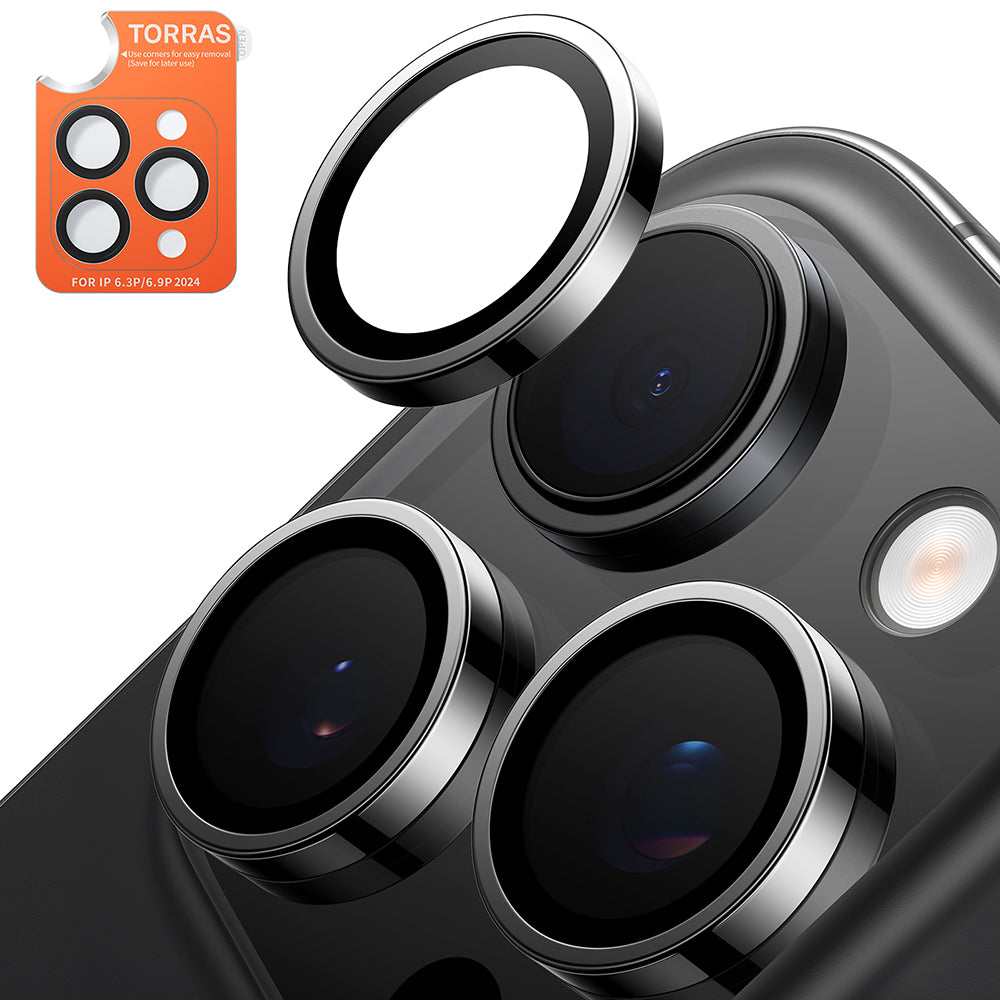 Torras Lensguard bagkamera beskyttelsesfilm til Apple iPhone 16 Pro Max / 16 Pro, hærdet glas, sort