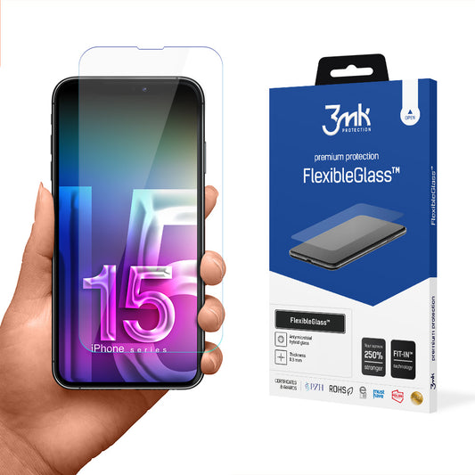 3MK FlexibleGlass Skærmbeskyttelse til Apple iPhone 15 Pro, Fleksibelt Glas, Fuld Lim