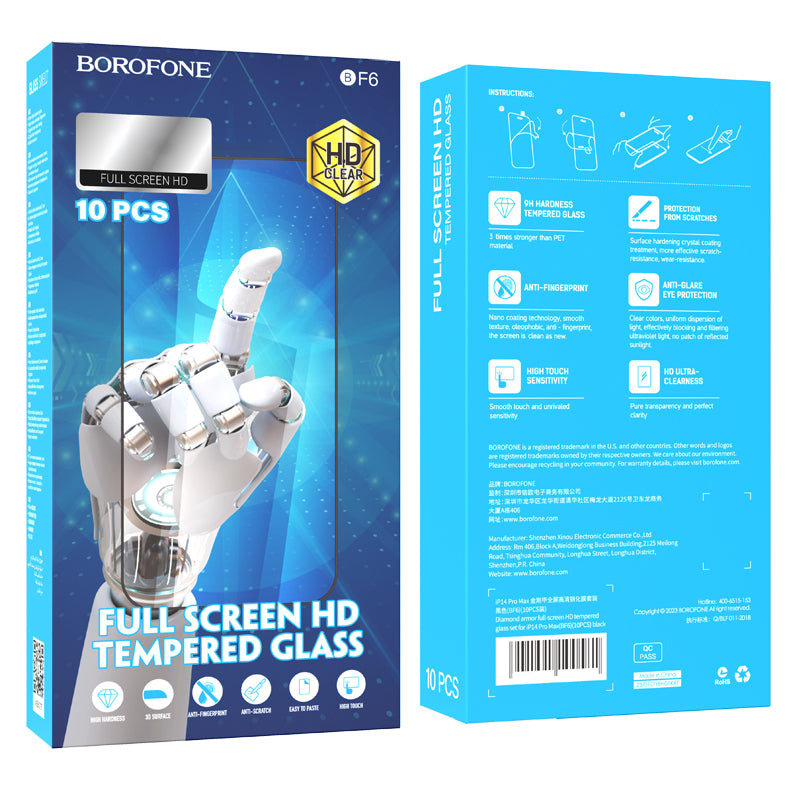Skærmbeskyttelsesfilm Borofone BF6 Diamond Armor til Apple iPhone 16e / 14 / 13 Pro / 13, Hærdet Glas, Fuldklæbende, Sæt med 10 stykker, Sort