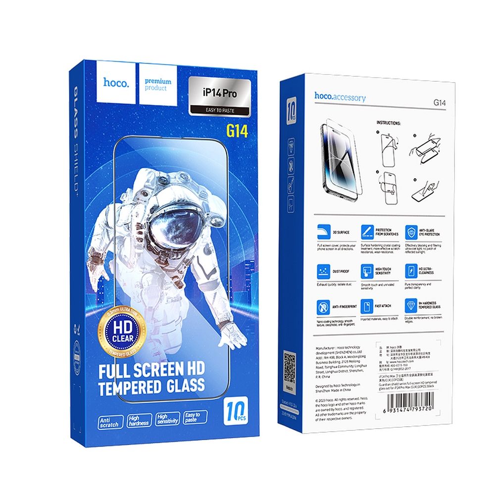 Beskyttelsesfilm til skærm HOCO til Apple iPhone 14 Pro, Hærdet Glas, Fuldklæbende, Sæt med 10 stykker, Sort