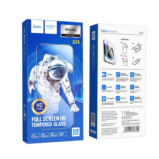 Beskyttelsesfilm til skærm HOCO til Apple iPhone 14 Pro, Hærdet Glas, Fuldklæbende, Sæt med 10 stykker, Sort
