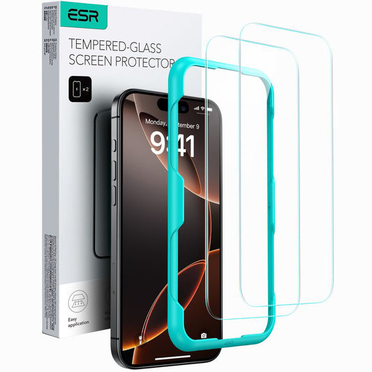 Beskyttelsesfilm ESR skærm til Apple iPhone 16 / 15, Hærdet glas, Fuldklæbende, Sæt med 2 stykker, Sort