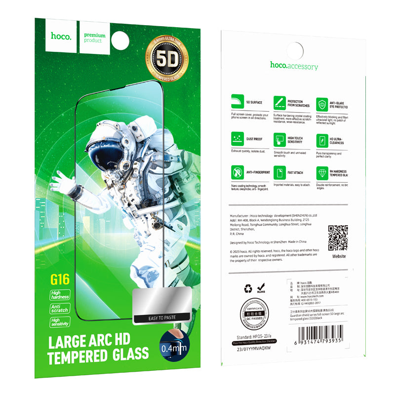 Beskyttelsesfilm til skærm HOCO G16 til Apple iPhone 15 Pro, Hærdet Glas, Fuldklæbende, 5D, Sort