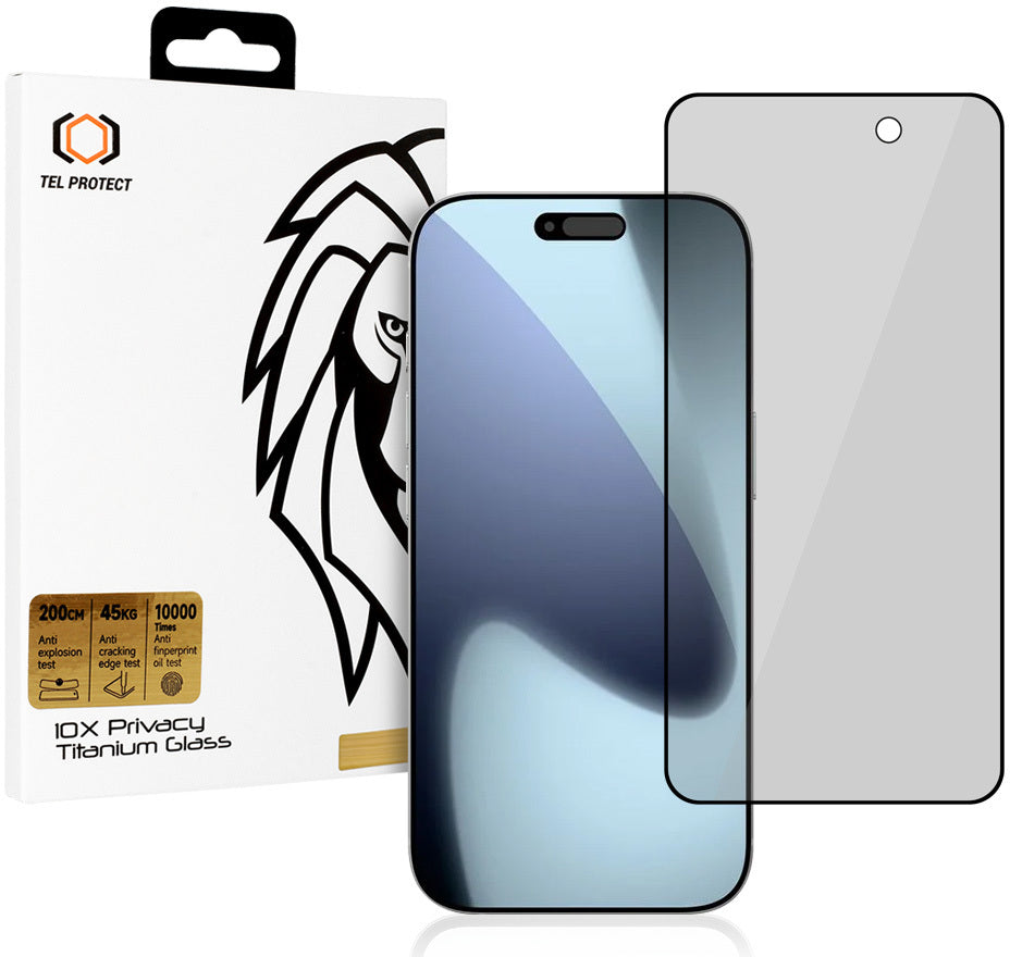 Tel Protect 10X Plus Titanium Privacy-skærmbeskytter til Apple iPhone 17 Pro Max, hærdet glas, fuldlimning
