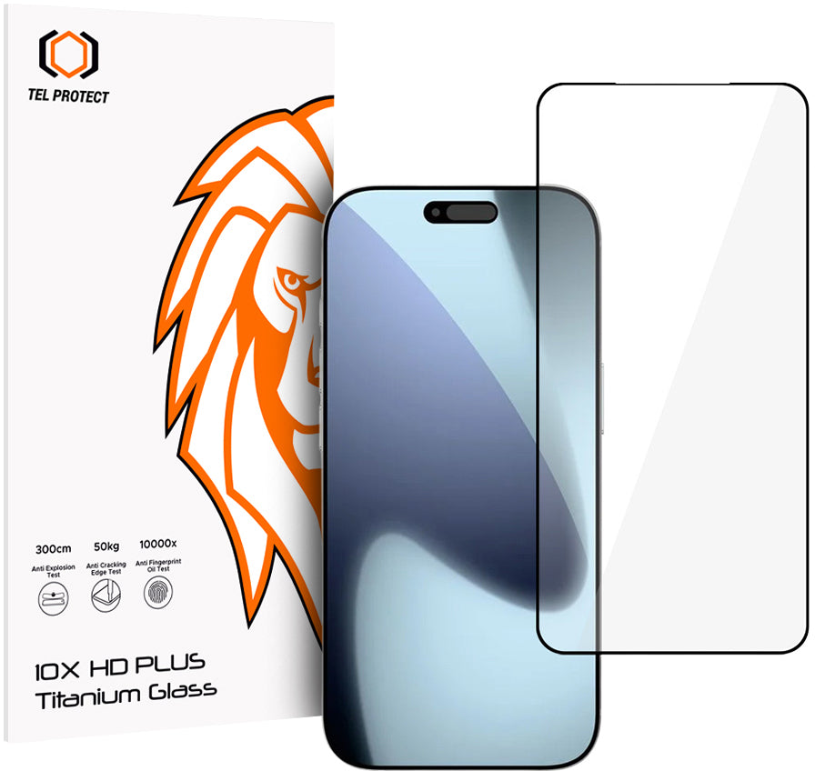Tel Protect 10X HD Plus Titanium skærmbeskyttelse til Apple iPhone 18 Pro Max / 17 Pro Max, hærdet glas, fuldlimet, sort