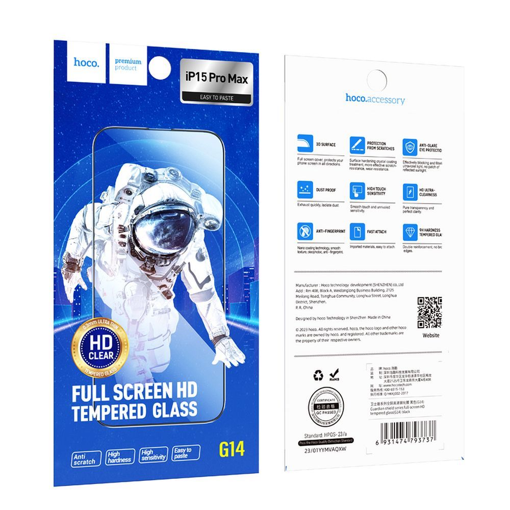 Beskyttelsesfilm til skærm HOCO G14 til Apple iPhone 15 Pro Max, Hærdet Glas, Fuldklæbende, Sæt med 10 stykker, 5D, Sort