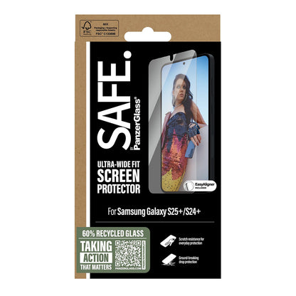 PanzerGlass Safe Skærmbeskytter. Ultra-Wide Fit EasyAligner til Samsung Galaxy S25+ S936, Hærdet Glas, Full Glue, Genforseglet