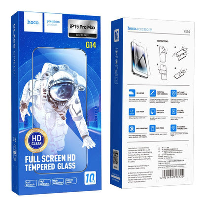 Beskyttelsesfilm til skærm HOCO G14 til Apple iPhone 15 Pro Max, Hærdet Glas, Fuldklæbende, Sæt med 10 stykker, 5D, Sort