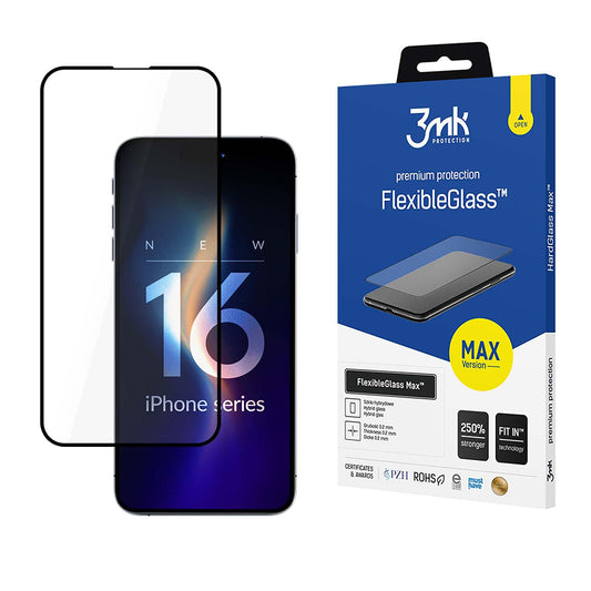 Skærmbeskyttelsesfilm 3MK FlexibleGlass Max til Apple iPhone 16 Pro, Fleksibelt Glas, Fuld Lim, Sort