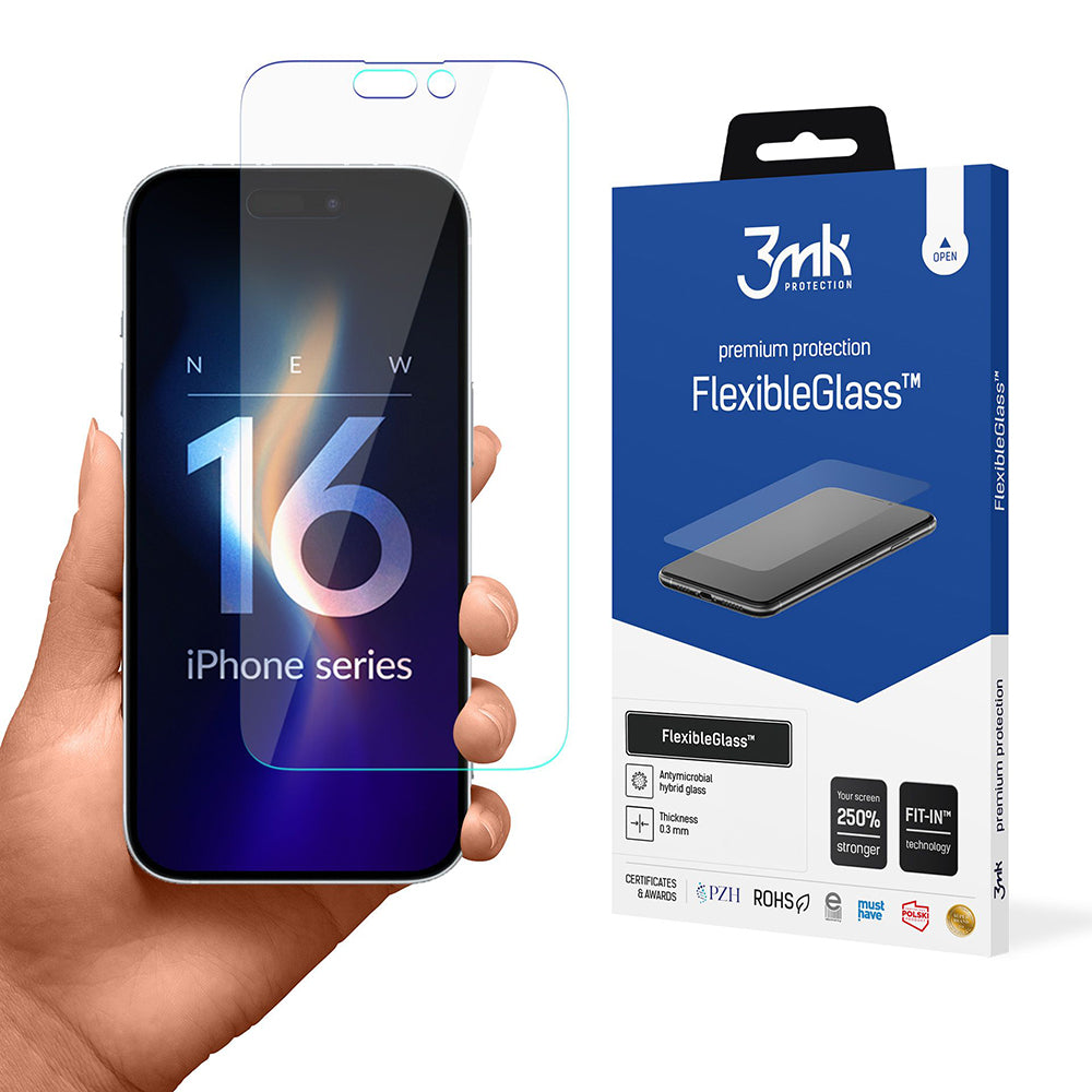 3MK FlexibleGlass Skærmbeskytter til Apple iPhone 16 Pro, Fleksibelt Glas, Fuld Lim