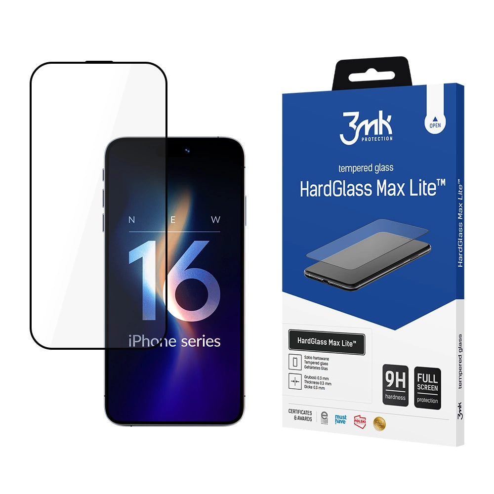 Skærmbeskyttelsesfilm 3MK HardGlass Max Lite til Apple iPhone 17 / 16 Pro, Hærdet Glas, Full Glue, Sort