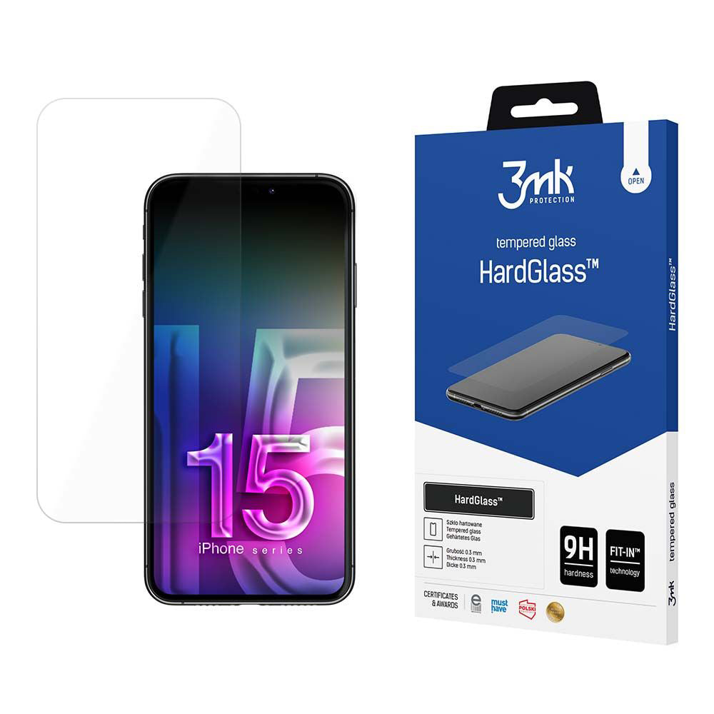 3MK HardGlass Skærmbeskytter til Apple iPhone 15, Hærdet Glas, Fuld Lim