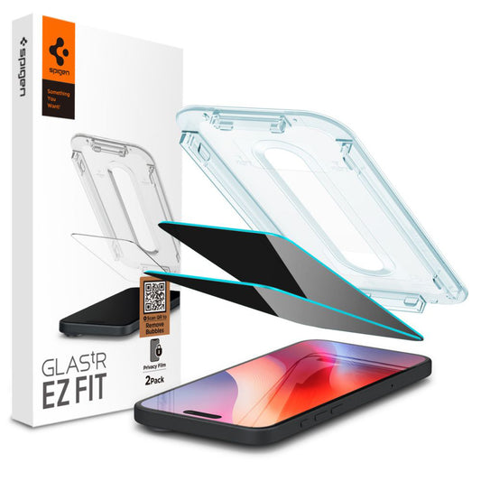 Beskyttelsesfilm til skærm Privacy Spigen GlastR EZ FIT til Apple iPhone 16 / 15, Hærdet glas, Fuldklæbende, Sæt med 2 stykker AGL06905