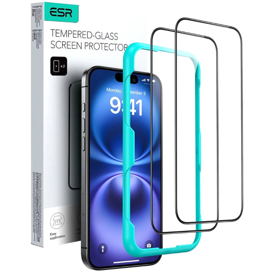 Beskyttelsesfilm ESR skærm til Apple iPhone 16 Pro Max, Hærdet Glas, Fuldklæbende, Sæt med 2 stykker, Sort
