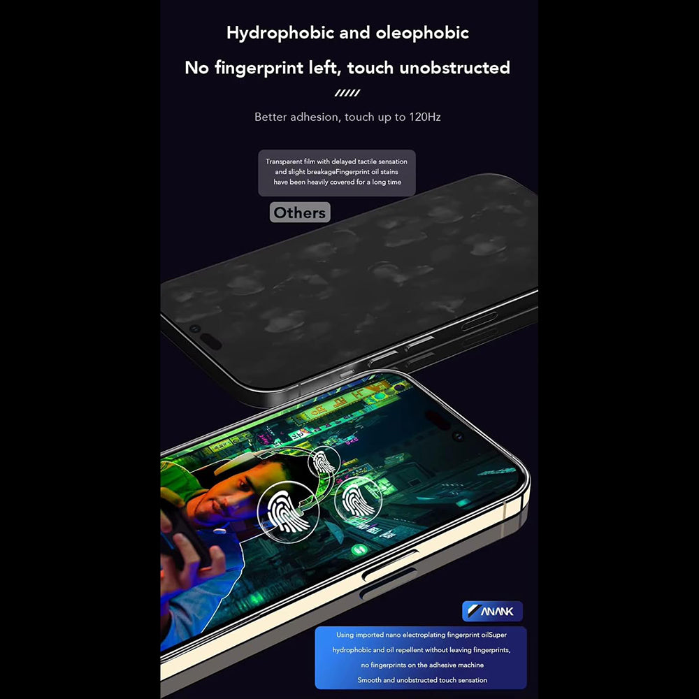 Anank Anti-Fingerprint Skærmbeskytter til Apple iPhone 17e / 16e / 14 / 13 Pro, Hærdet Glas, Fuld Lim, 2.5D, Sort