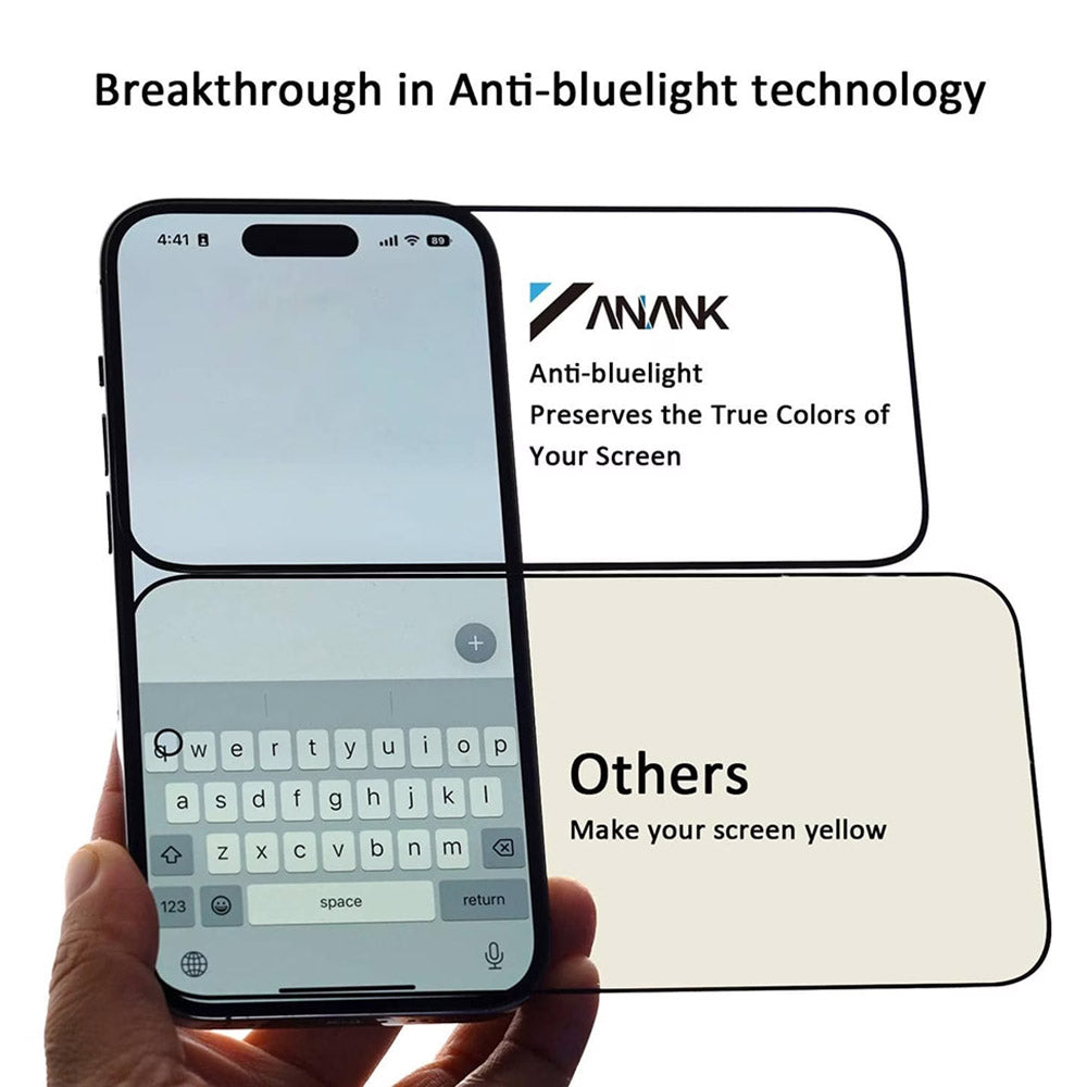 Anti Blue Light Skærmbeskyttelsesfilm Anank 3X Forstærket til Apple iPhone 16 Pro Max, Hærdet Glas, Fuld Lim, 2.5D, Sort