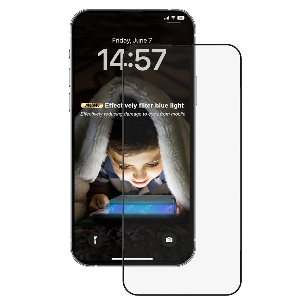 Anti Blue Light Skærmbeskytter Anank til Apple iPhone 14 Pro, Hærdet Glas, Fuld Lim, 2.5D, Sort